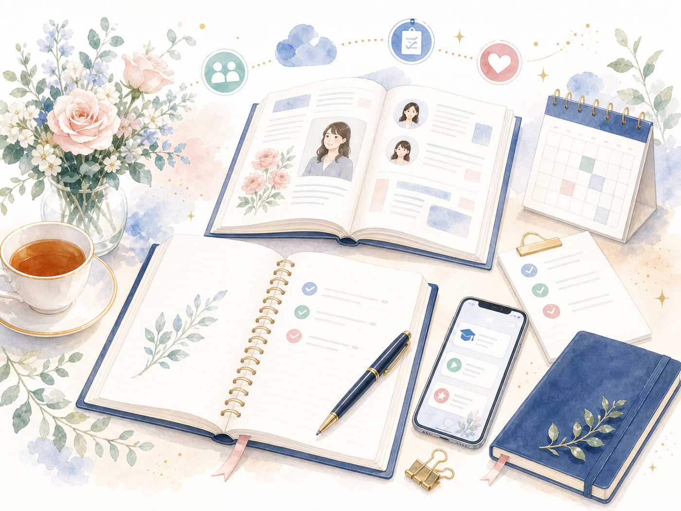 オンライン秘書講座の募集案内を彩る学習ノートやプロフィールブックのイラスト