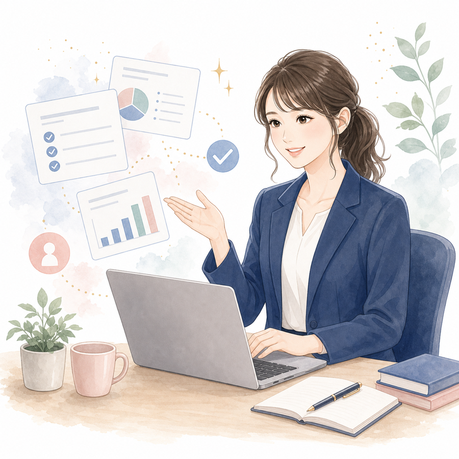 案件対応を実践する女性のイラスト