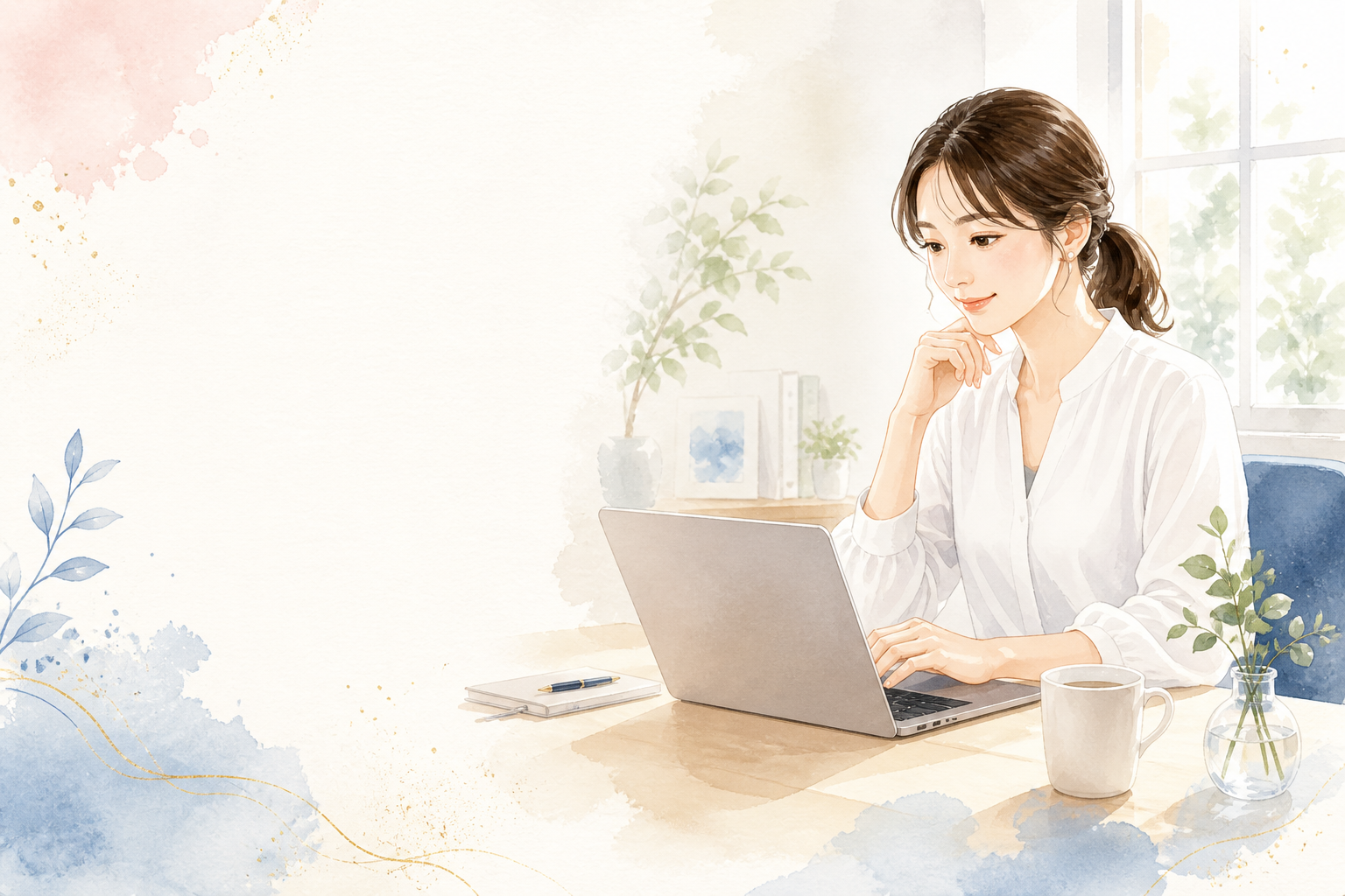在宅でオンライン秘書業務を学ぶ女性のイラスト